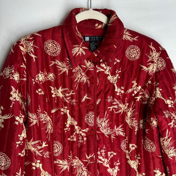 CAROLE LITTLE Womens Mandarin Print Blazer Jacket Size L Red Silk Button Down - Picture 3 of 8